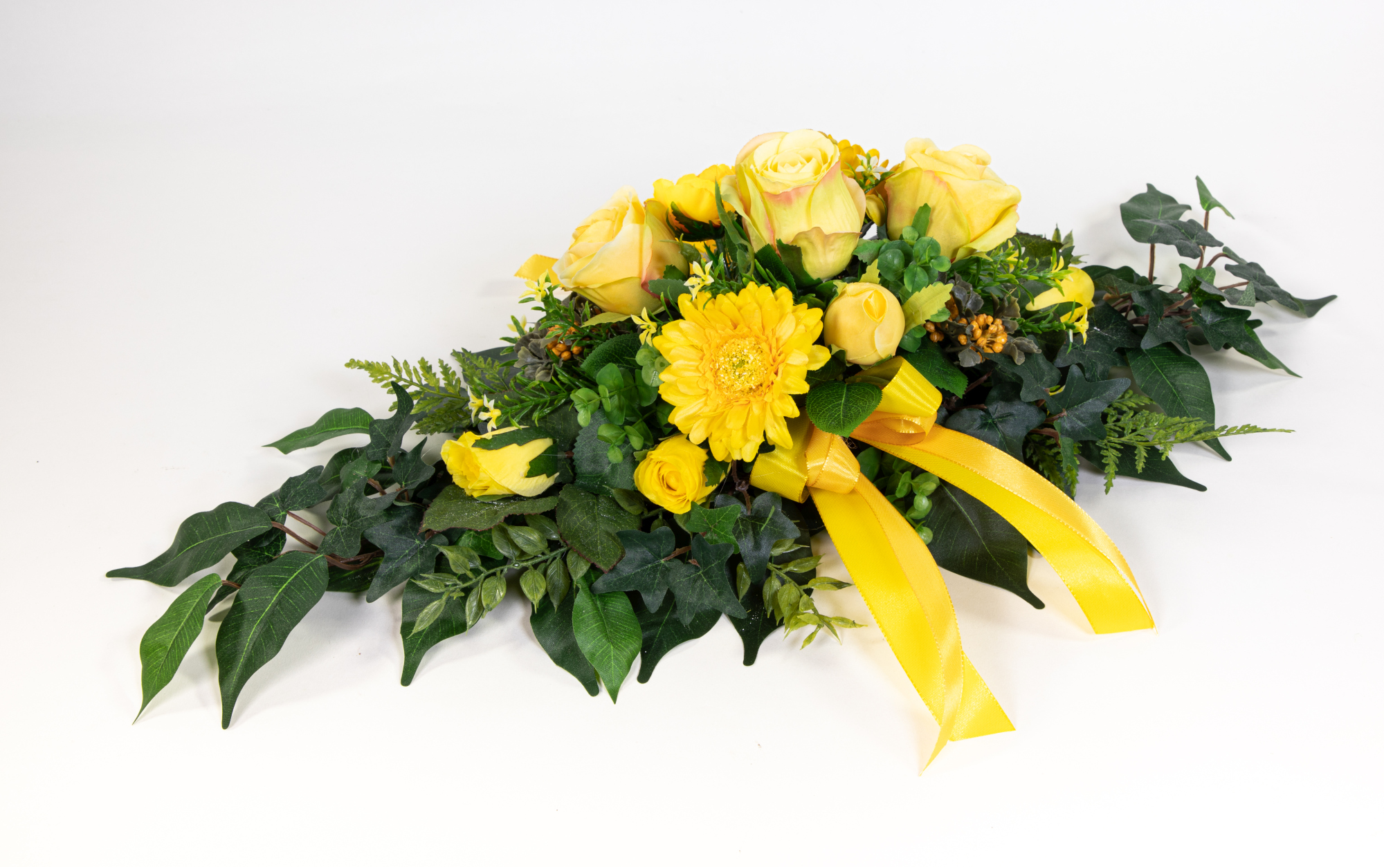 Tischgesteck länglich 60cm gelb mit Rosen Gerbera und Ranunkel Kunstblumen künstliche Blumen