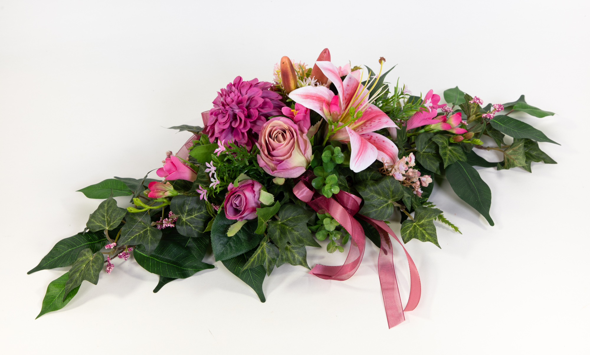 Tischgesteck länglich 60cm rosa-pink mit Rose Lilie und Chrysantheme Kunstblumen künstliche Blumen