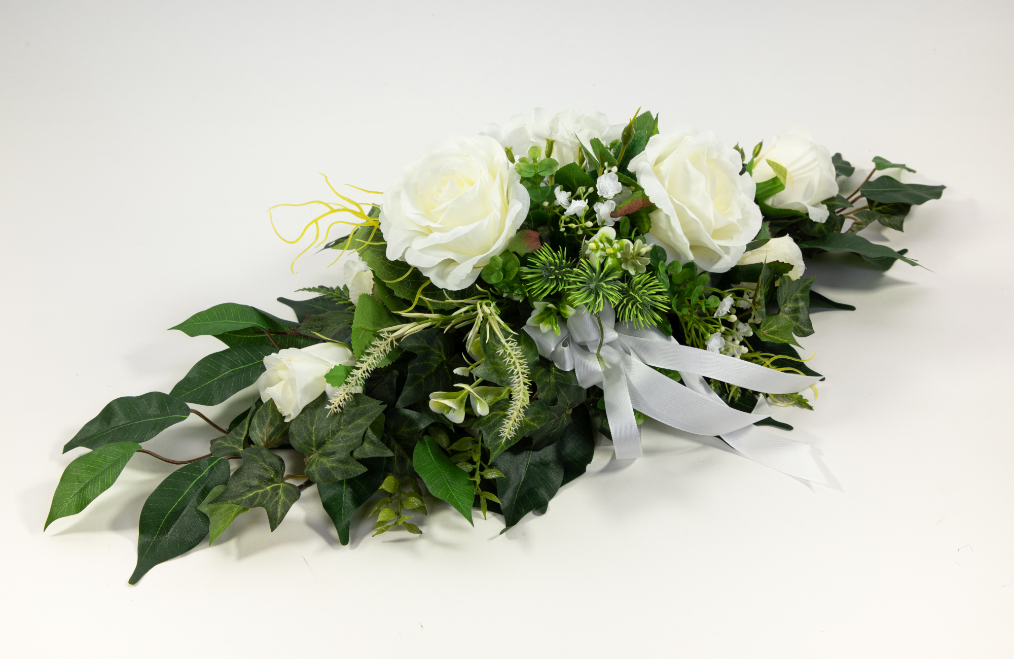 Tischgesteck länglich 60cm weiß-creme mit Rosen und Hortensien Kunstblumen künstliche Blumen