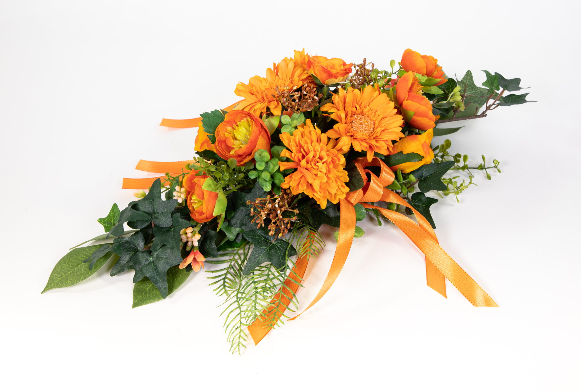 Tischgesteck länglich 50cm orange mit Gerbera und Lilie Kunstblumen künstliche Blumen