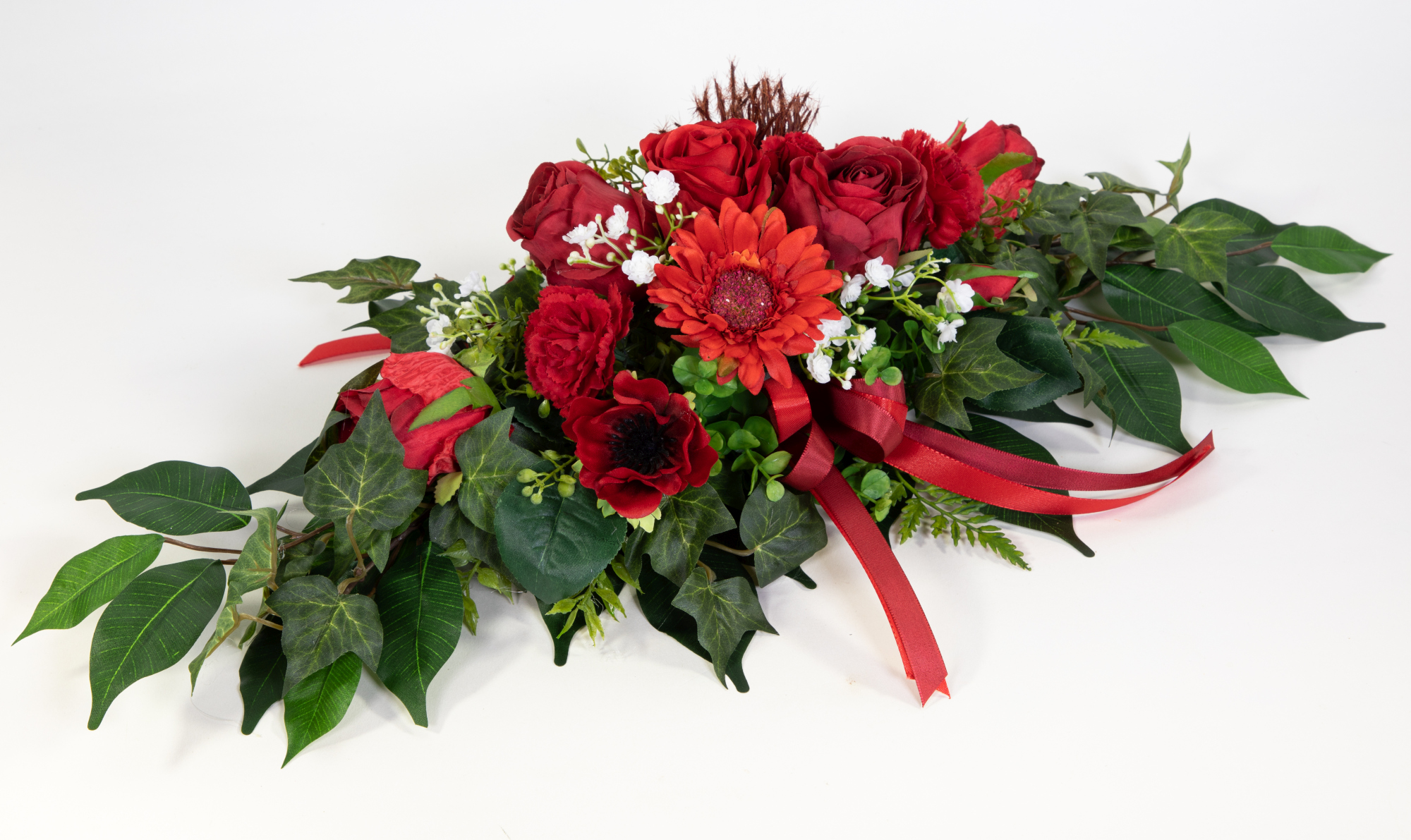 Tischgesteck länglich 60cm rot mit Rose Gerbera und Annemone Kunstblumen künstliche Blumen