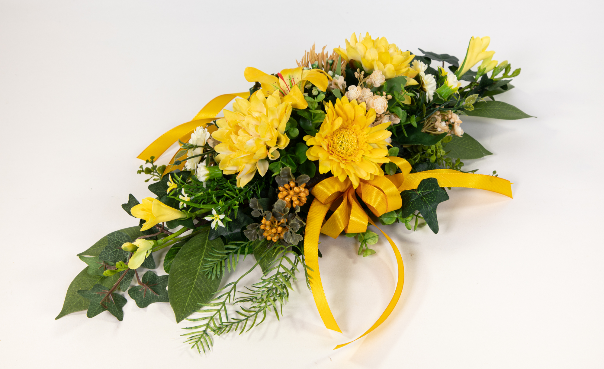 Tischgesteck länglich 50cm gelb mit Gerbera und Lilie Kunstblumen künstliche Blumen